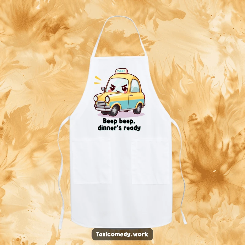 Funny apron showcasing a determined taxi character cheerfully honking its horn, ready for culinary adventures.