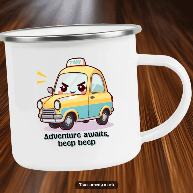 Funny camping mug with a determined taxi character cheerfully honking its horn, ready for the trail.