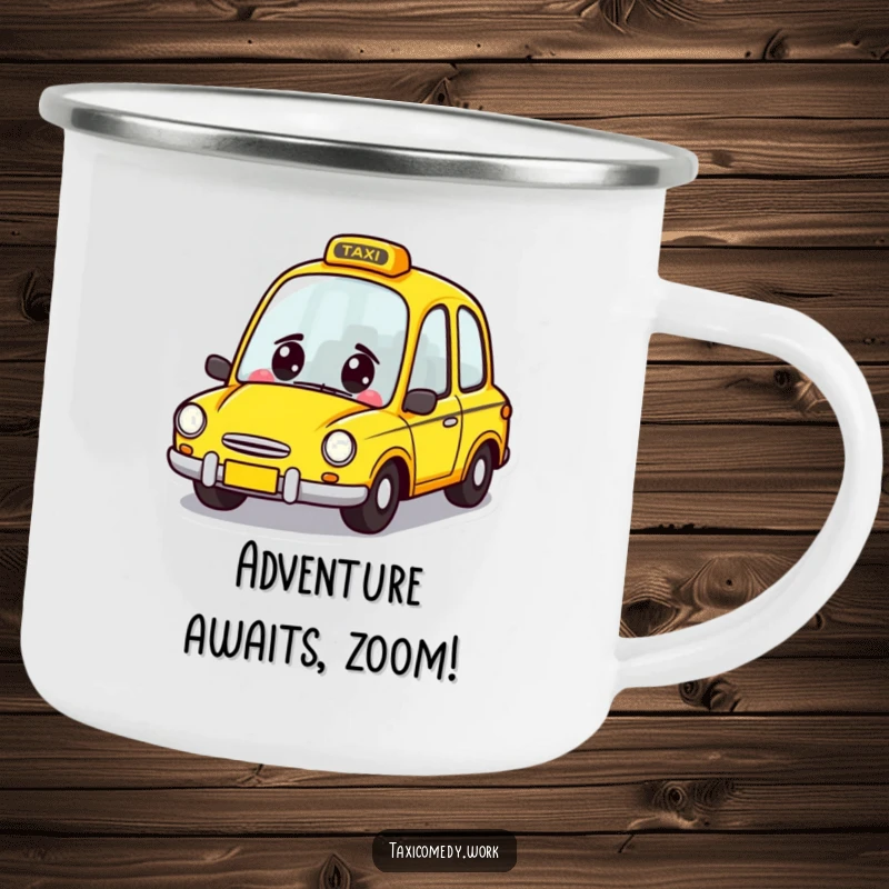 Funny Taxi Camping Mug with a happy yellow car character zooming forward with a grin, perfect for rugged, humorous enjoyment outdoors.