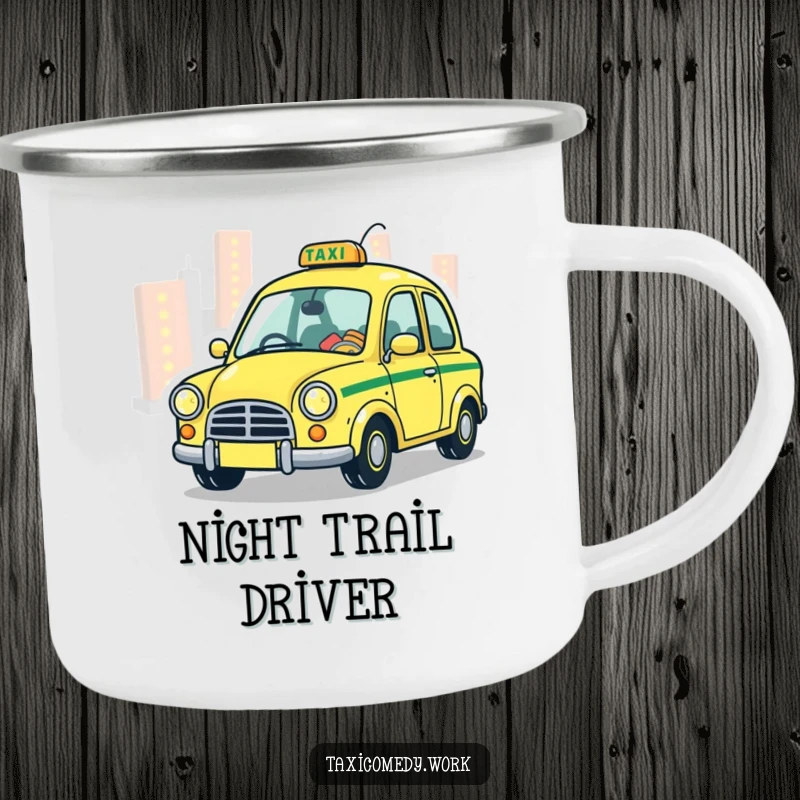 Funny Taxi Camping Mug with a stylized, whimsical taxi playfully zipping through city lights, perfect for rugged, magical enjoyment outdoors.