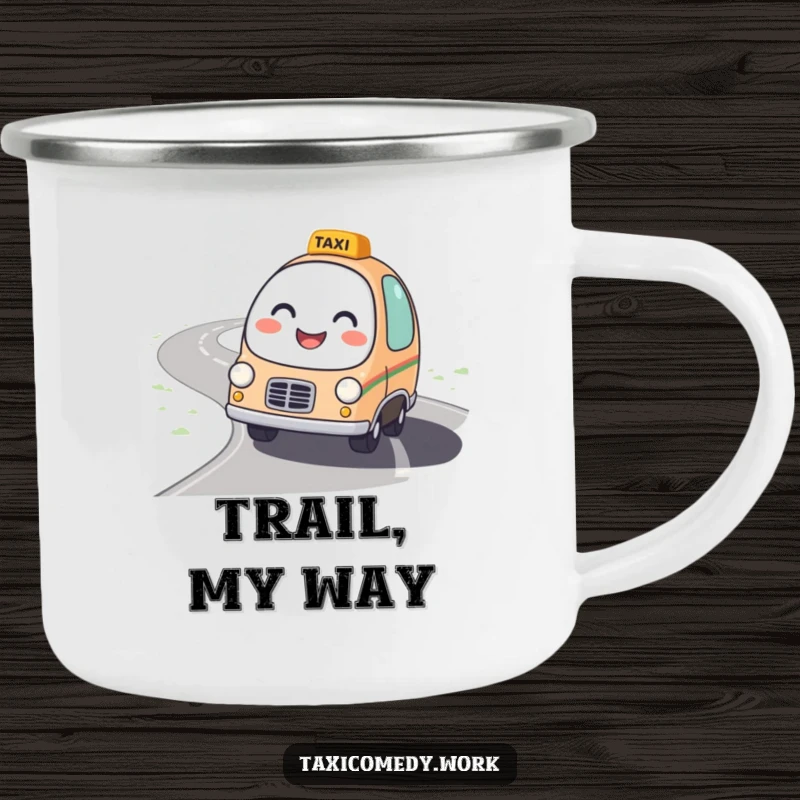Funny Taxi Camping Mug with a round, friendly taxi character with a bright smile driving on a winding road.