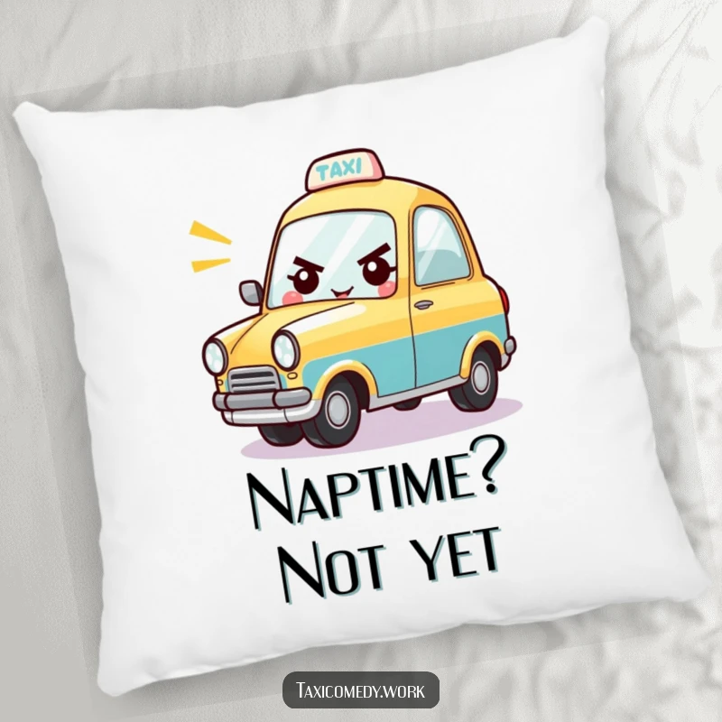 Funny pillow with a cute taxi character determinedly honking its horn, bringing a smile.