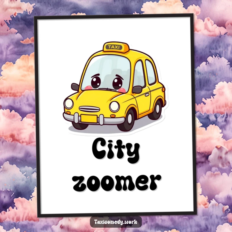 Funny Taxi Digital Art Print of a cute yellow car character zooming forward with a cheerful grin, perfect for humorous decor.