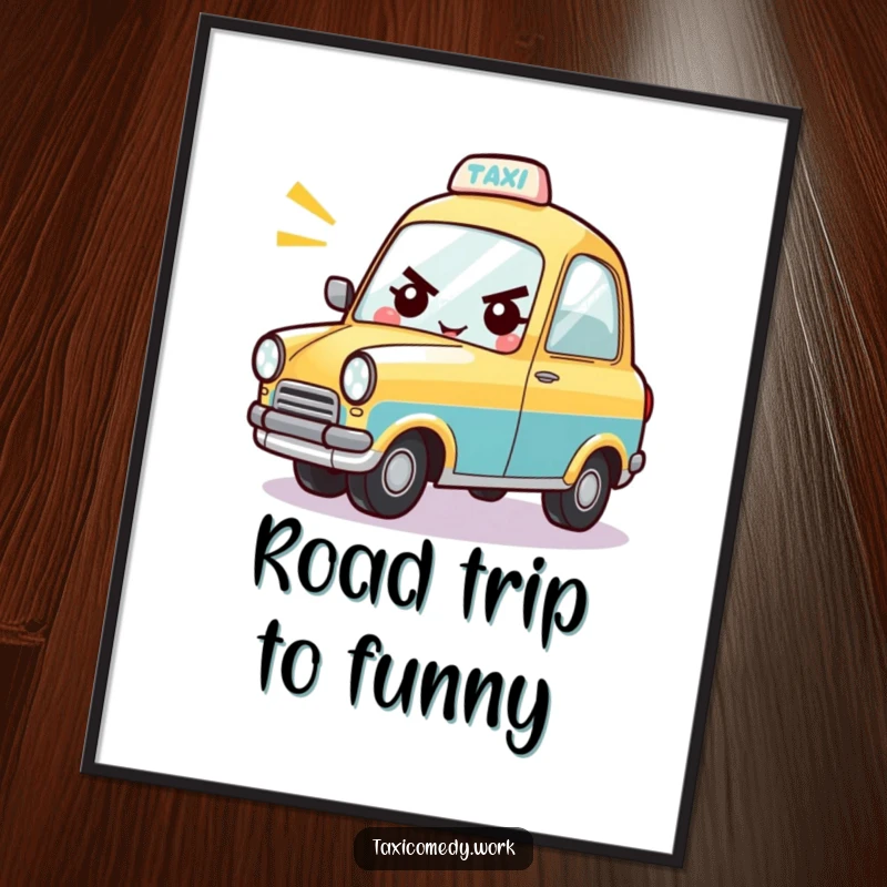 Funny digital art print of a determined taxi character cheerfully honking its horn, ready to impress.