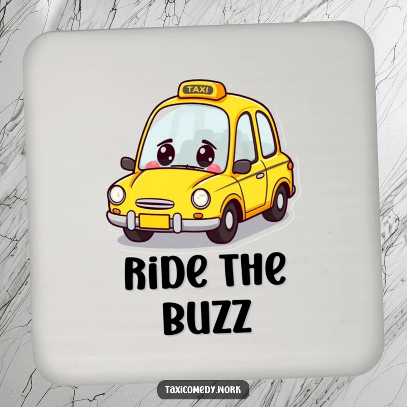Funny Taxi Coaster featuring a cheerful yellow car character zooming forward with a grin, a humorous and practical item.