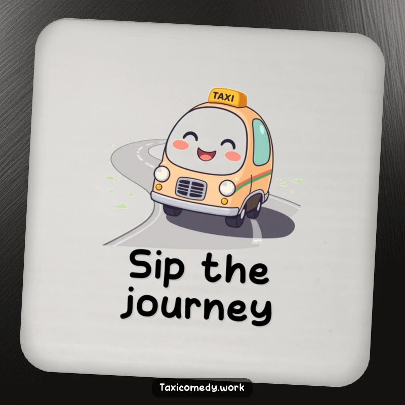 Funny Taxi Coaster featuring a round, friendly taxi character with a bright smile driving on a winding road.