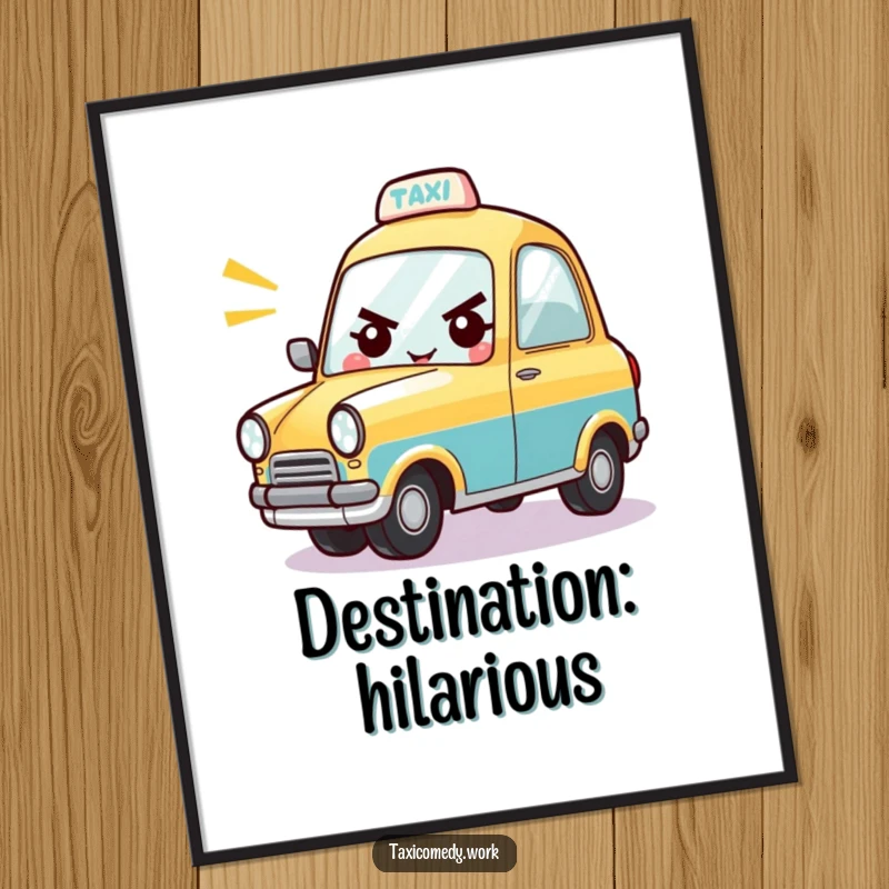 Funny poster print of a cheerful, determined taxi character joyfully honking its horn, adding humor.