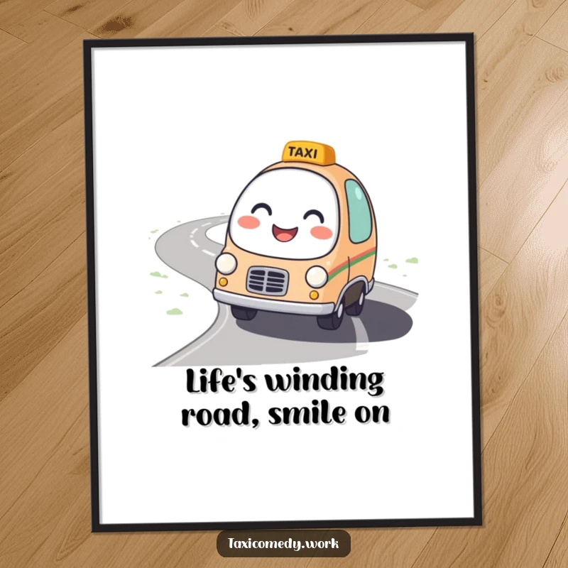 Funny Free Printable Friendly Taxi Wall Art: A round, friendly taxi character with a bright smile driving happily on a winding road.