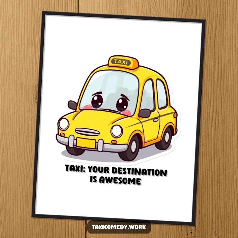Funny Free Printable Taxi Wall Art: A cute yellow taxi character with happy eyes zooming forward with a grin.