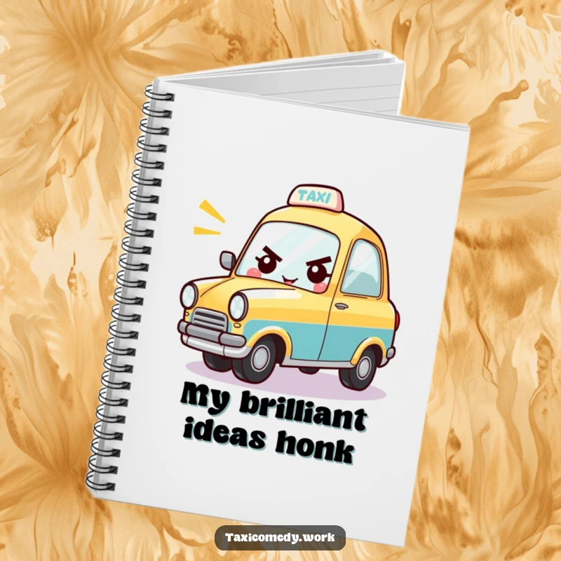 Funny notebook with a determined taxi character cheerfully honking its horn, ready for notes.
