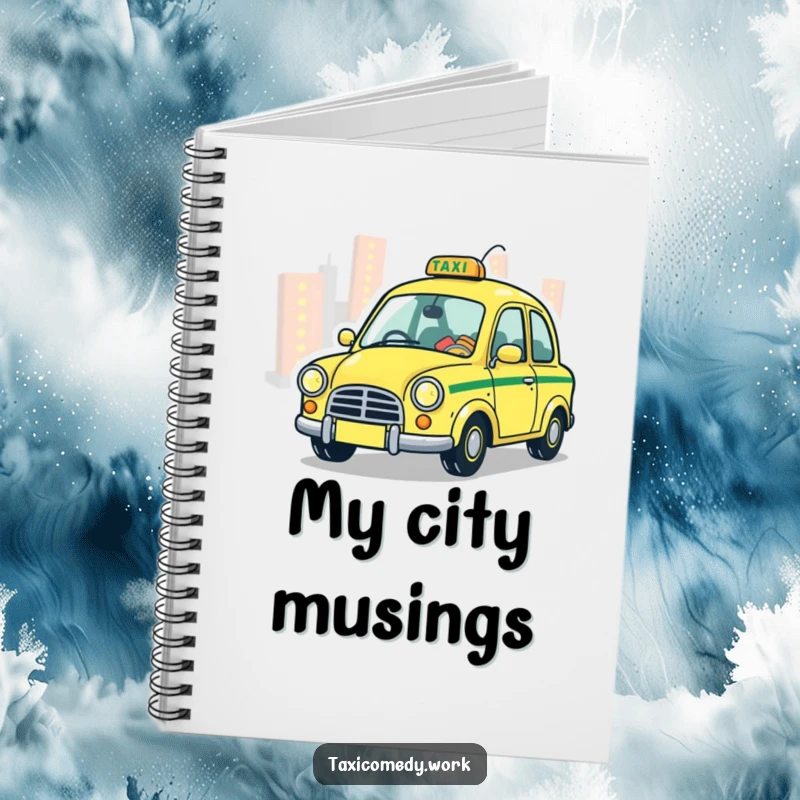 Funny Taxi Notebook featuring a stylized, whimsical taxi playfully zipping through city lights, ideal for notes with magic.