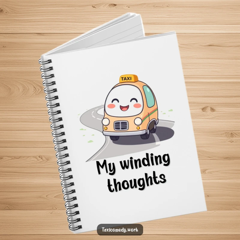 Funny Taxi Notebook featuring a round, friendly taxi character with a bright smile driving on a winding road.