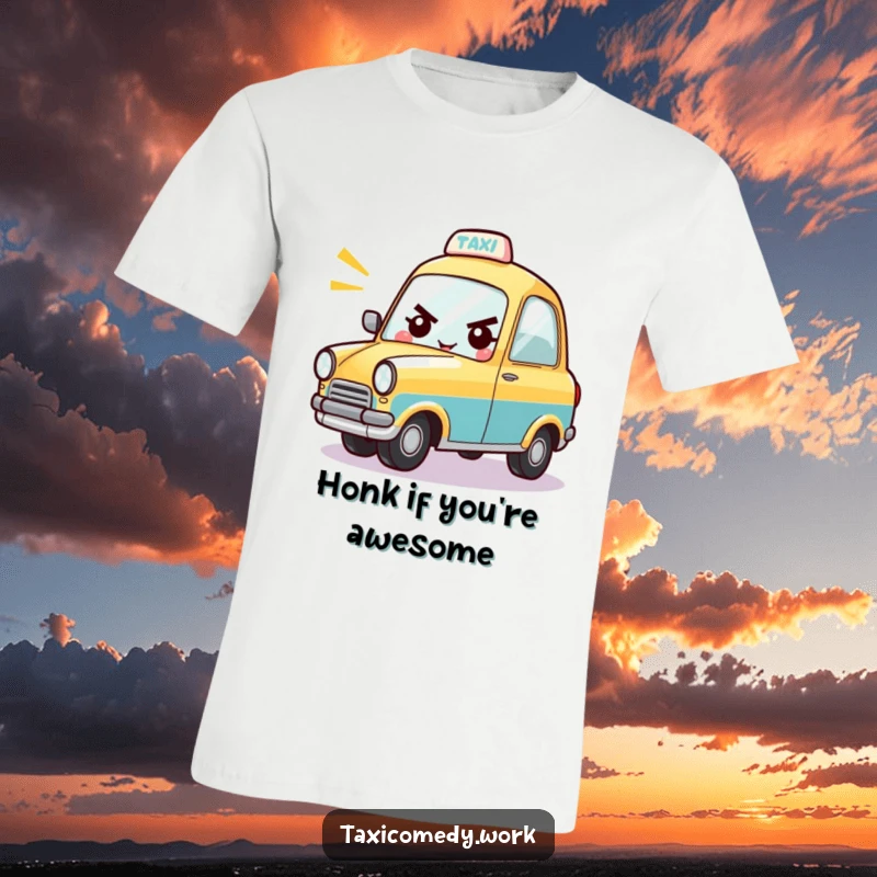 Funny t-shirt with a playful taxi character determinedly honking its horn, radiating cheerful vibes.