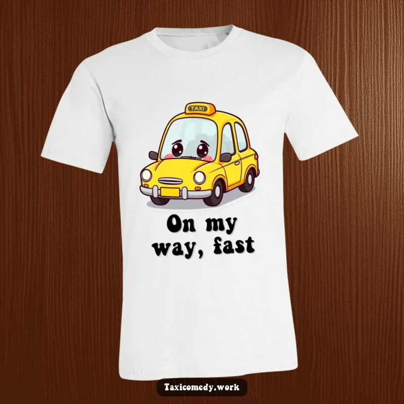 Funny Taxi T-Shirt depicting a cheerful yellow car character zooming with a grin, a delightful present for city lovers.