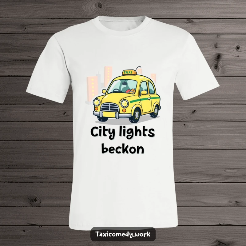 Funny Taxi T-Shirt depicting a stylized, whimsical taxi playfully zipping through city lights, a magical present.