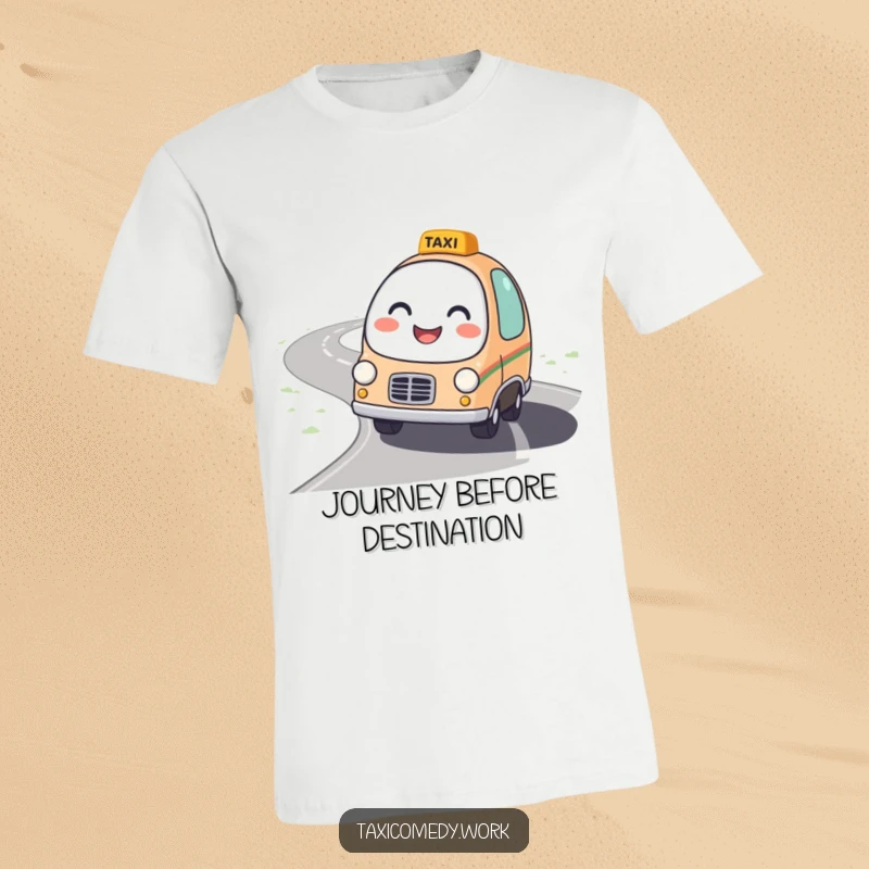 Funny Taxi T-Shirt depicting a round, friendly taxi character with a bright smile driving on a winding road.