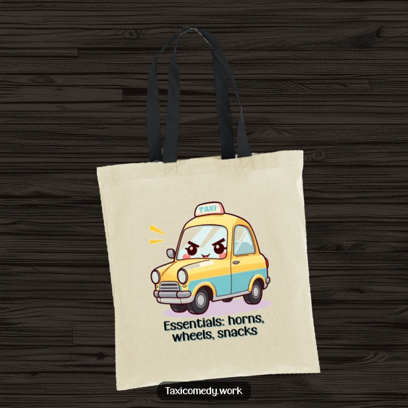 Funny tote bag showcasing a determined taxi character cheerfully honking its horn, ready for errands.