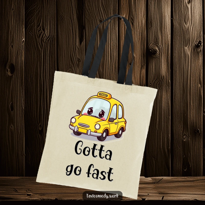 Funny Taxi Tote Bag showcasing a cheerful yellow car character zooming forward, a practical and humorous accessory.