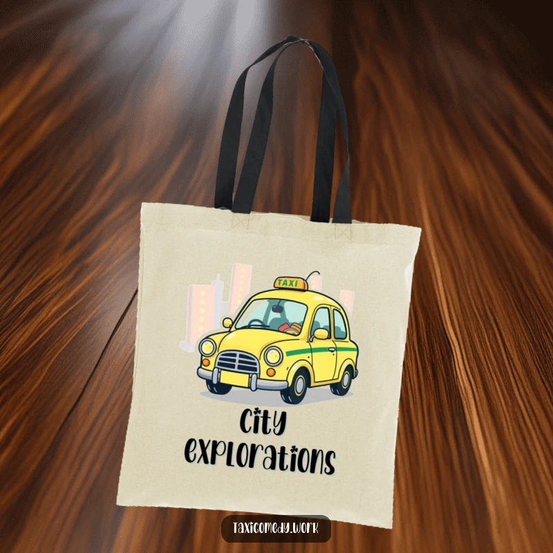 Funny Taxi Tote Bag showcasing a stylized, whimsical taxi playfully zipping through city lights, a magical and practical accessory.